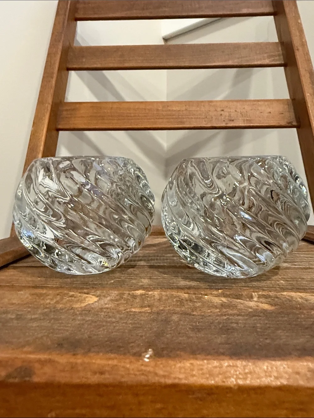Pair Heavy Clear Swirl Glass Votive Candle Holders Thick Spiral Optic Tea light